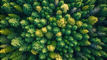 Naklejka premium An aerial view looking straight down onto a dense forest canopy with varying shades of green from different tree types, showcasing a vibrant and textured natural pattern