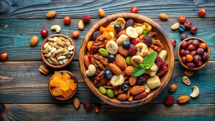 Bowl of assorted dry fruits and nuts, colorful selection, healthy snack,  colorful selection