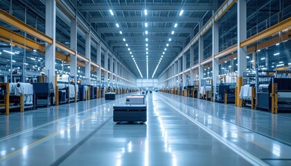 Obraz premium Giant Textile Warehouse with Robotic Pickers and Ambient Lighting