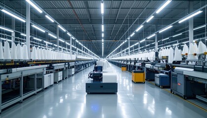 Fototapeta premium Futuristic Warehouse with Robotic Pickers and Ambient Lighting