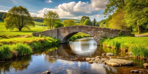 Fototapeta premium stone bridge crossing over babbling brook in countryside scene, serene landscape, rural charm