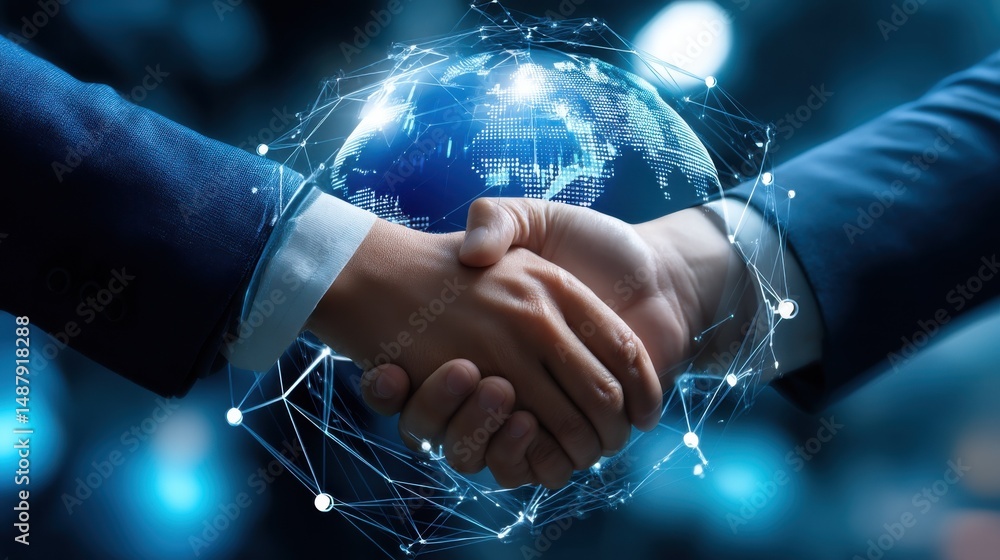 Poster global partnership handshake, symbolized by a digital globe and interconnected network lines, repres
