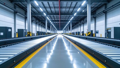 Obraz premium High-Tech Dock Facility with Conveyor Belts and Reflective Floor