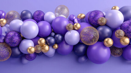 Fototapeta premium purple and gold series of latex balloons spread all over the picture, there are some purple metal balloons and sequin balloons