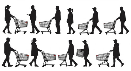 Collection of vector silhouette of different people push shopping cart on white background. Symbol of shop accessories.
