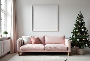Mockup of an empty white frame above a blush pink velvet sofa in a Scandinavian living room, a decorated Christmas tree with warm white lights stands in the corner, soft daylight