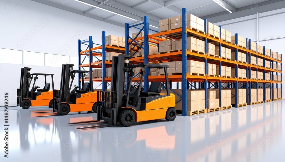 Poster high-tech pallet racking system with forklifts and reflective floor