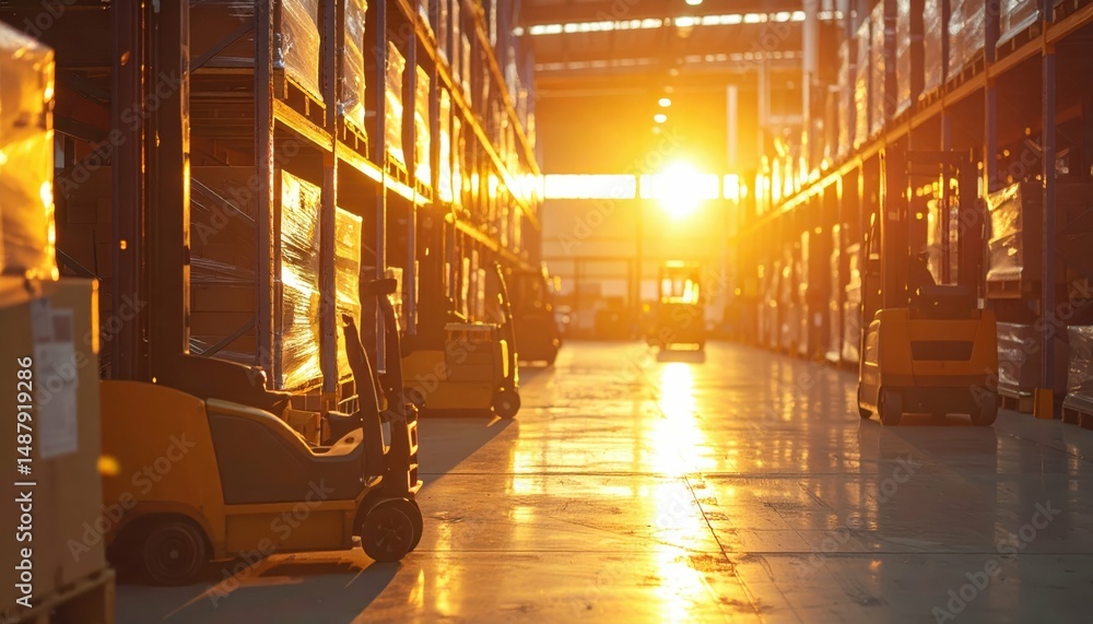 Poster high tech pallet racking system with pallet jacks at golden hour