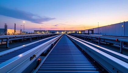 Obraz premium High-Tech Logistics Hub with Conveyor Belts at Dusk, No People