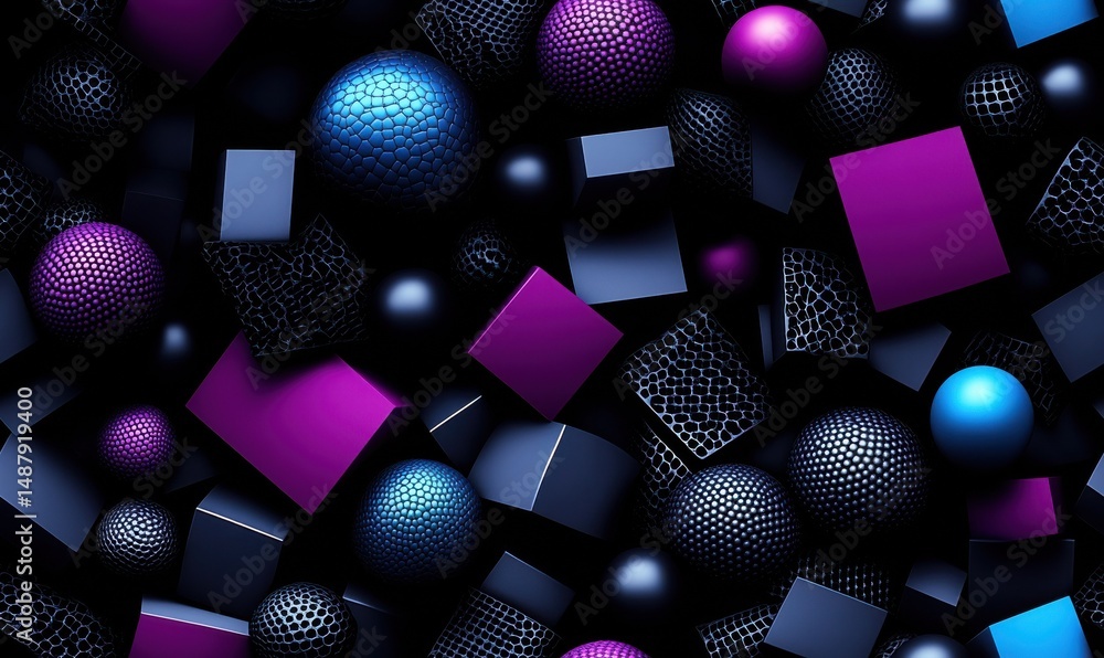 Leinwandbilder Abstract 3D render of textured spheres and cubes in vibrant purple, blue, and dark tones, creating a dynamic and modern composition. : Generative AI