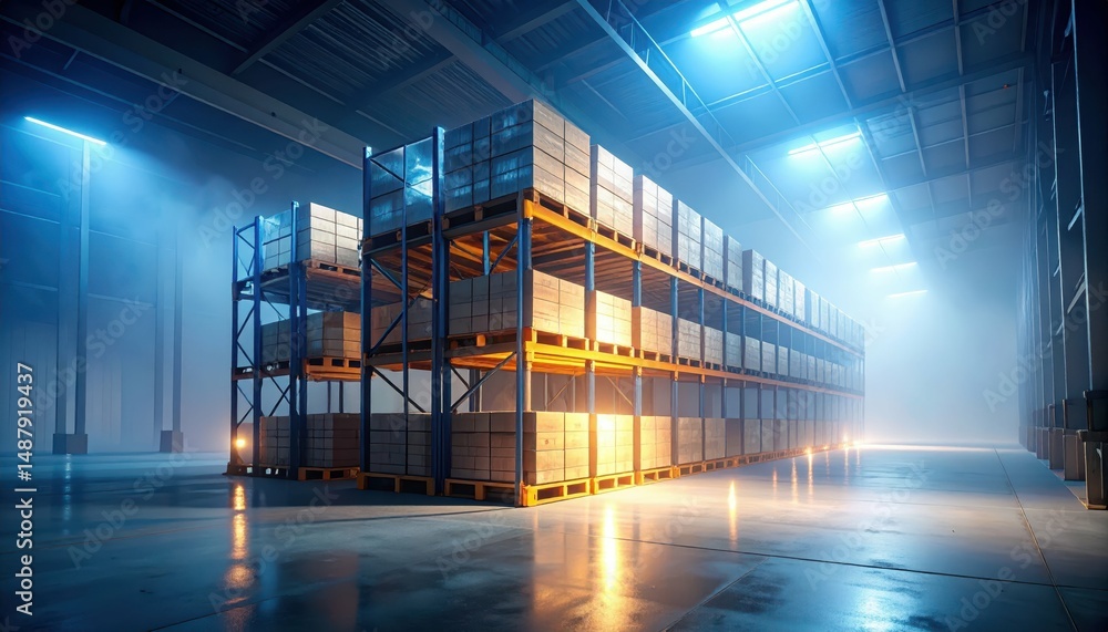 Aufkleber high tech pallet racking system with fog in warehouse environment