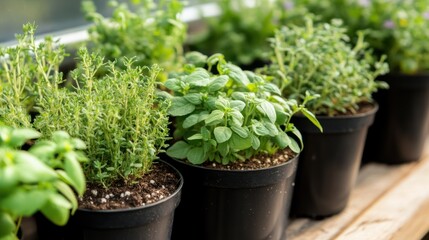 Fototapeta premium Fresh herbs in pots on a windowsill garden
