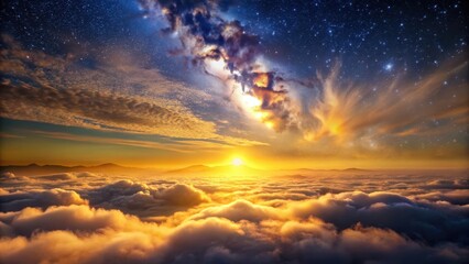 Fototapeta premium Soft golden hues of sunrise peeking through clouds amidst a starry sky with twinkling Milky Way streaks , astronomy, dawn