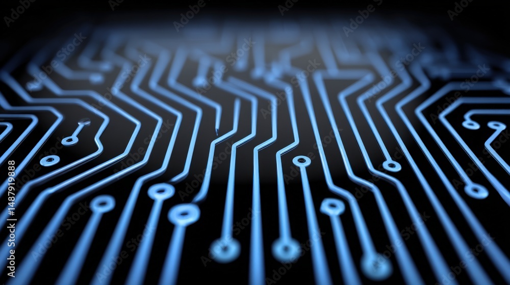 Poster abstract digital circuit pattern showcasing intricate designs of glowing blue lines against a dark b