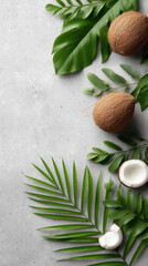 Tropical background with coconuts and green leaves on a gray concrete table, flat lay top view.