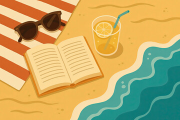 Beach scene featuring a pair of sunglasses, an open book, and a refreshing drink on sandy shore, with gentle waves lapping at the coastline, evoking relaxation and summer vibes