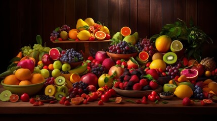 A vibrant display of assorted fruits arranged on a wooden surface.