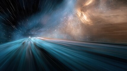 Hyperspace journey: A vibrant teal and gold nebula landscape unfolds before a speeding spacecraft, streaking across the cosmos with light trails. : Generative AI