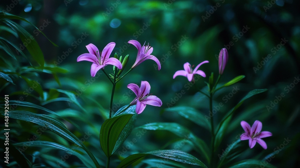 Poster close-up view of delicate pink lilies blooming amidst lush, dark green foliage, creating a serene an