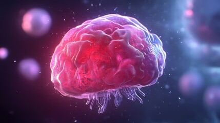 Fototapeta premium Microscopic view of a translucent, pinkish-red cell with numerous tendrils, floating amidst blurred orbs