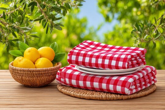 A red and white picnic setup with checkered blankets and classic lemonade