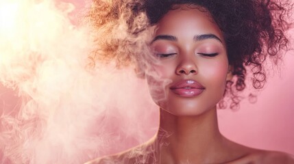 Fototapeta premium Woman, facial treatment, pink background, steam, beauty, skincare, studio, close-up, possible use for advertisements
