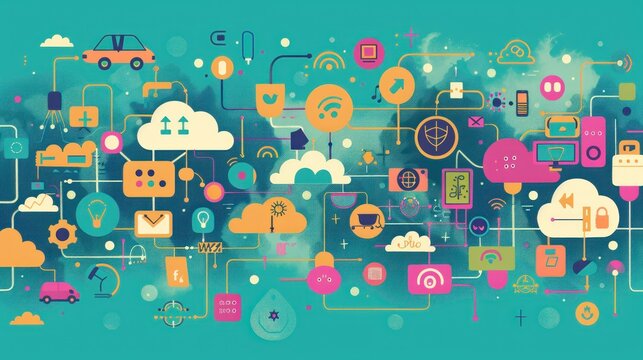 Vector illustration of cloud computing with network elements stock photo --ar 16:9 --raw --v 6 Job ID: faeae397-d6e3-4f1e-9cff-f105632854d2