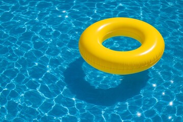 Bright yellow inflatable swim ring floating on clear blue water in a swimming pool. Summer vacation background with sun reflections on the surface.
