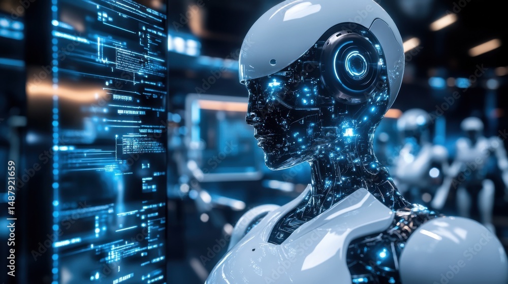 Poster A female humanoid robot examines complex code displayed on a large screen, showcasing intricate internal circuitry illuminated with blue light in a futuristic technological setting. : Generative AI