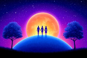 A silhouette of three people standing on a globe holding hands under a star
