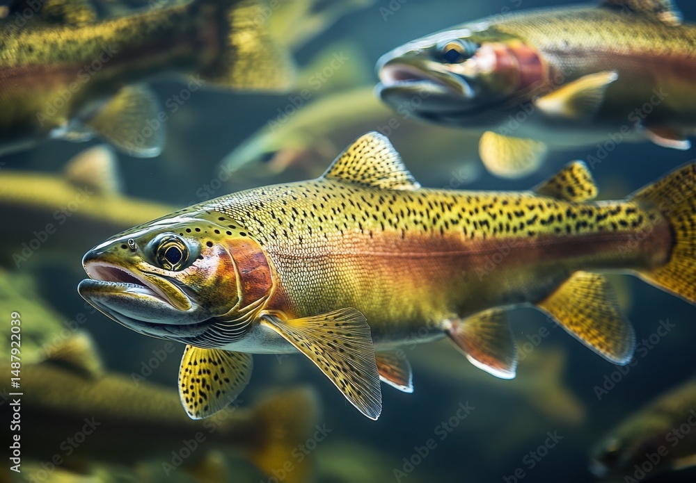 Poster Close-up view of a vibrant rainbow trout swimming amidst a school of its kind, showcasing its intricate scales and colorful patterns in an underwater environment. : Generative AI