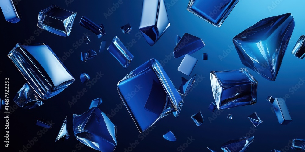 Aufkleber Abstract 3D rendering of shattered blue glass cubes falling against a dark blue background.  The image features sharp, reflective surfaces and a sense of motion. : Generative AI