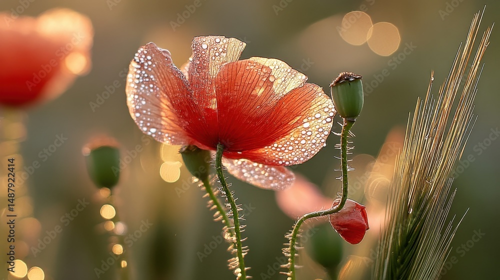 Poster dew-kissed poppy flower in a sunlit field, showcasing delicate petals and vibrant red color with bok
