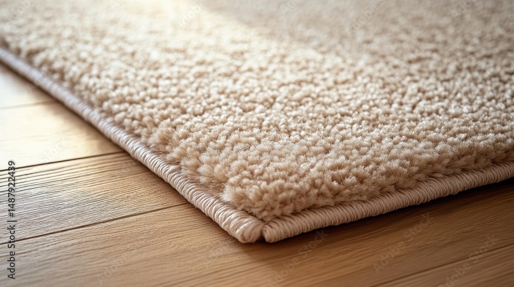 Poster close-up view of beige carpet edge, showing soft, plush fibers and neatly bound seams, resting on li