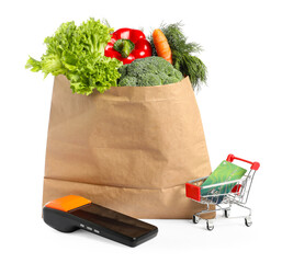 Payment terminal, bag full of groceries, credit card and mini cart isolated on white