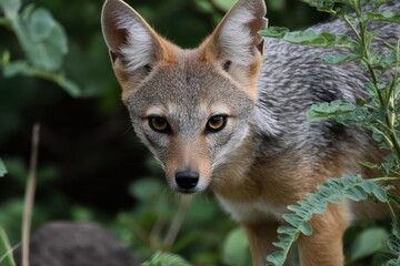 Close-up portrait of a black-backed jackal, its amber eyes intense, peering from amidst lush green foliage, a captivating wildlife scene. : Generative AI