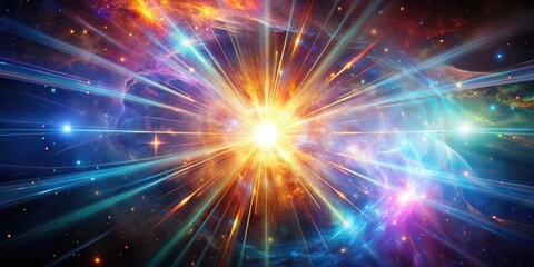 Iridescent beams radiate from a cosmic core, pulsating with electrifying colors and swirling patterns of light and energy , glowing nebulae, cosmic light