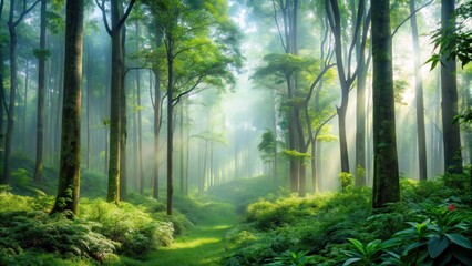Naklejka premium Misty morning in the forest with tall trees and lush green leaves covered in dew , greenery, nature