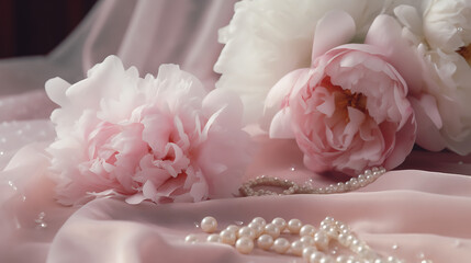 Fototapeta premium Elegant arrangement of soft pink peonies and pearls on silky fabric, creating a romantic atmosphere