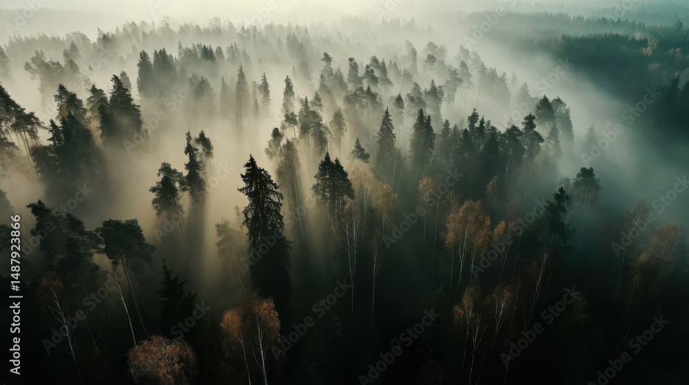 Poster Aerial view of a misty forest at sunrise, showcasing tall pine trees and birch trees shrouded in fog, with sunbeams filtering through the canopy. : Generative AI