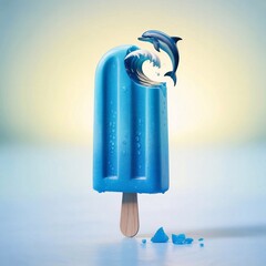 Lagoon ice cream: image shows a blue popsicle on a stick with a dolphin jumping out of a wave, against a light gradient background, symbolizing refreshing coolness and a marine theme.
