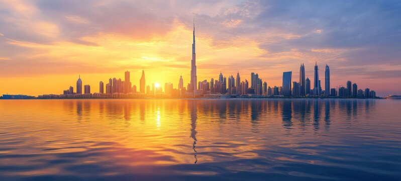 Dubai skyline at sunset, reflecting in calm waters, showcasing the iconic Burj Khalifa and modern architecture, a breathtaking urban landscape. : Generative AI