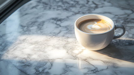 Caf branding with coffee flat lay on marble table warm light lifestyle scene cozy atmosphere