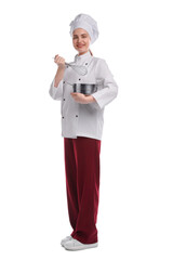 Happy confectioner in uniform holding whisk and cooking pot on white background