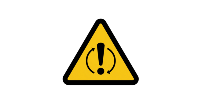 Yellow Triangle Displays Exclamation Point with Rotating Arrows on Transparent Background