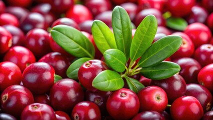 Fresh organic cranberries with green leaf over it close up shot , nature's beauty