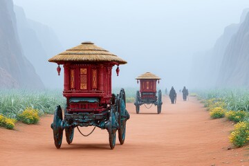 a futuristic colony where robotic handcarts glide over dusty red terrain on mars in a modern pioneer journey