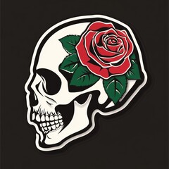 Profile view of a skull with a vibrant red rose.