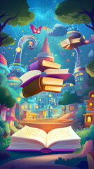 Naklejka premium Enchanted cityscape with floating books, magical creatures, and vibrant colors under a starry sky