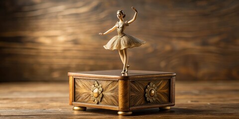 Intricately carved wooden music box with golden accents and delicate ballerina dancing to a gentle melody, serene ambiance, vintage aesthetic